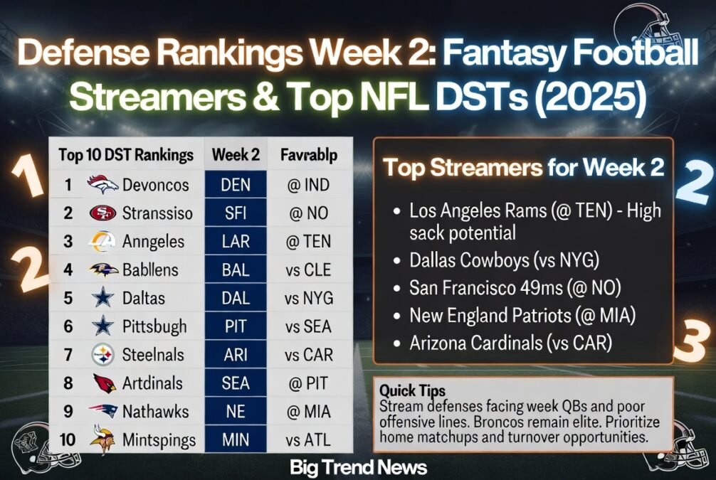 Defense Rankings Week 2: Fantasy Football Streamers & Top NFL DSTs (2025) Defense Rankings Week 2